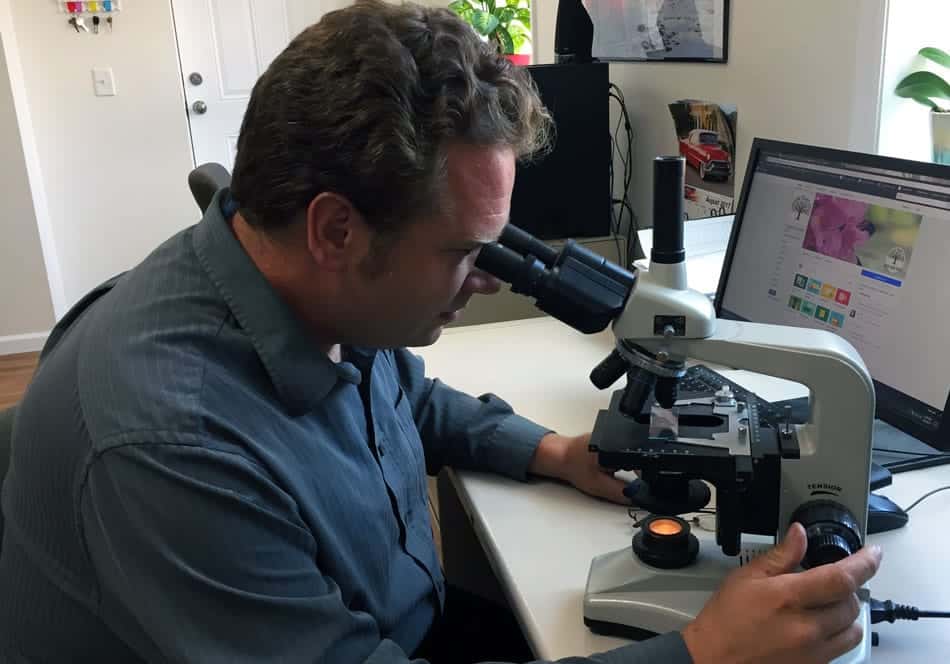 man examining compost tea in a microscope at Organic Plant Care LLC in Flemington NJ