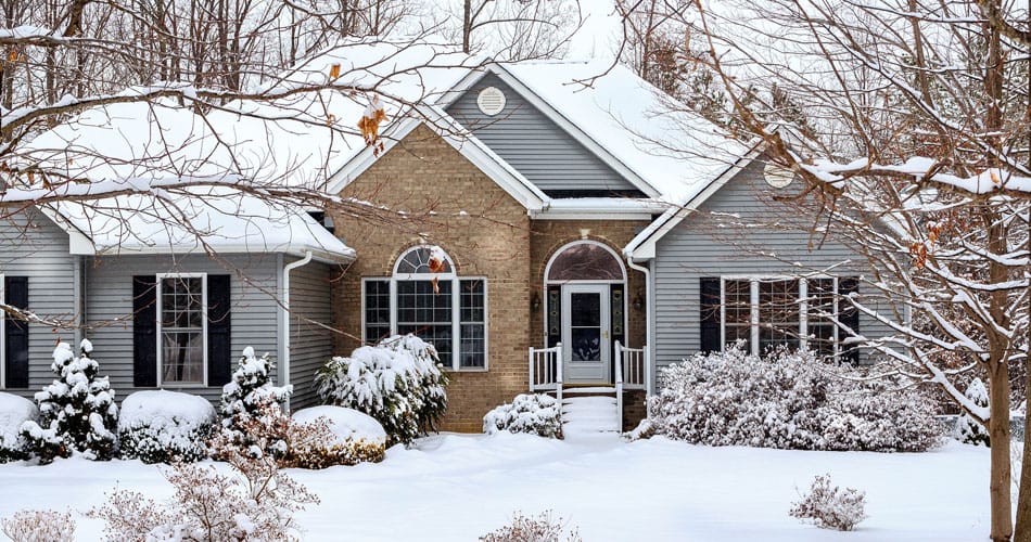 A house and front yard with shrubs, plants and trees covered in snow